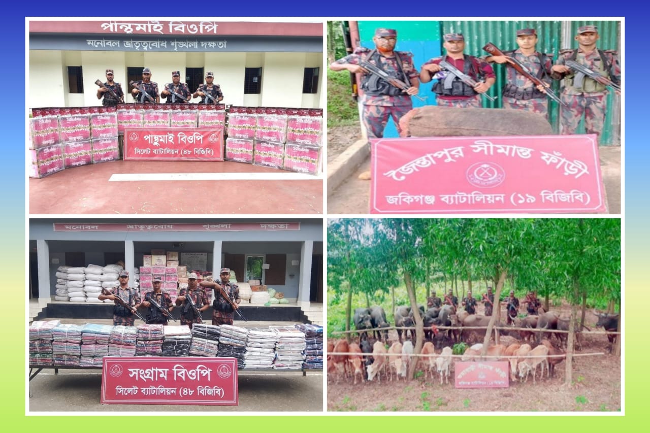 সিলেট ও সুনামগঞ্জ সীমান্তে পৃথক অভিযানে পৌনে ৩ কোটি টাকার ভারতীয় চোরাই পণ্য জব্দ