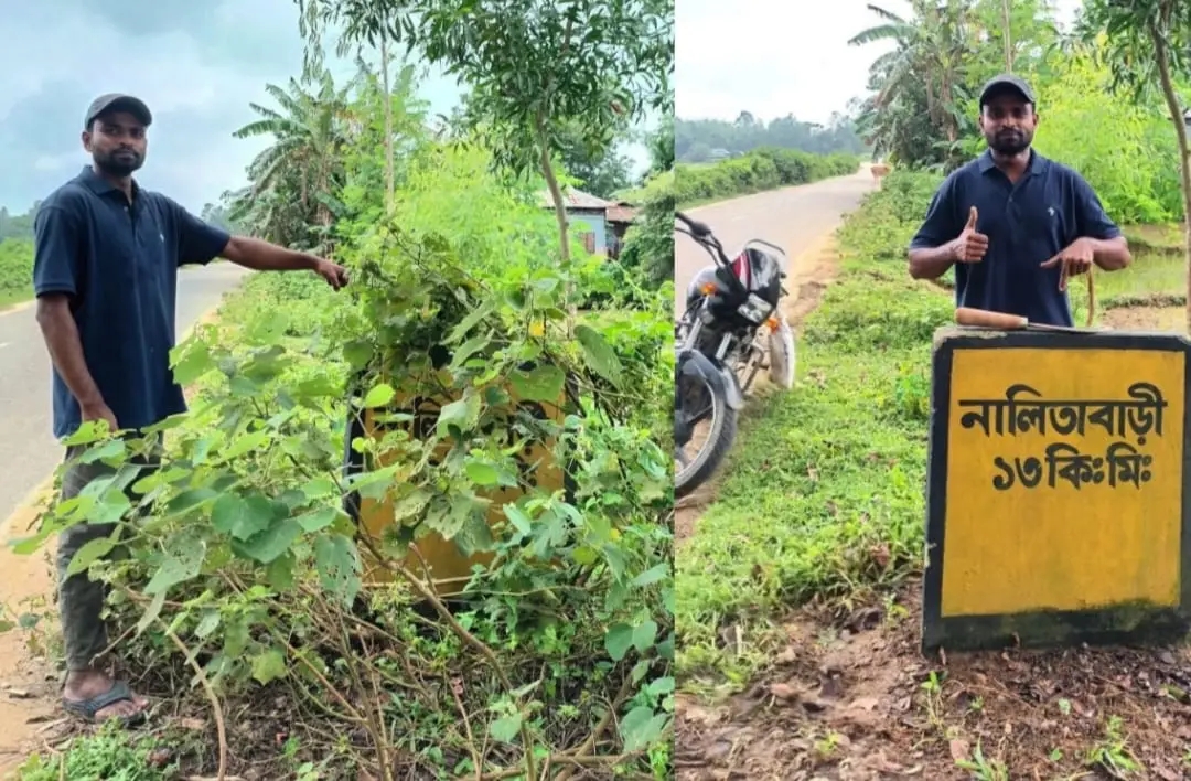 অবহেলিত মাইলফলক-সাইনবোর্ডের প্রাণ ফেরাচ্ছেন নকলার তরুণ সুমন
